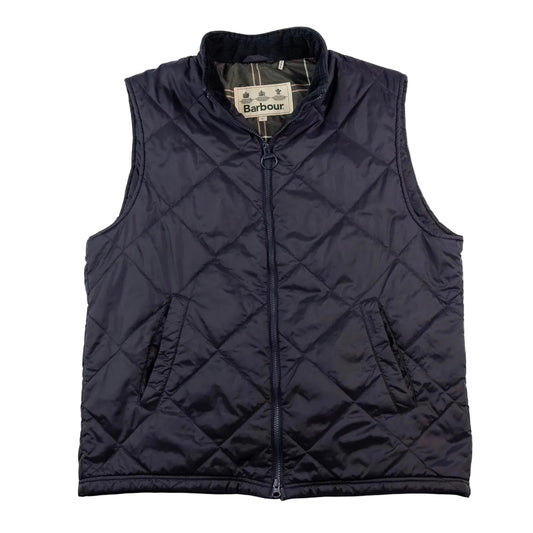 Navy quilted vest with Barbour label on a white background