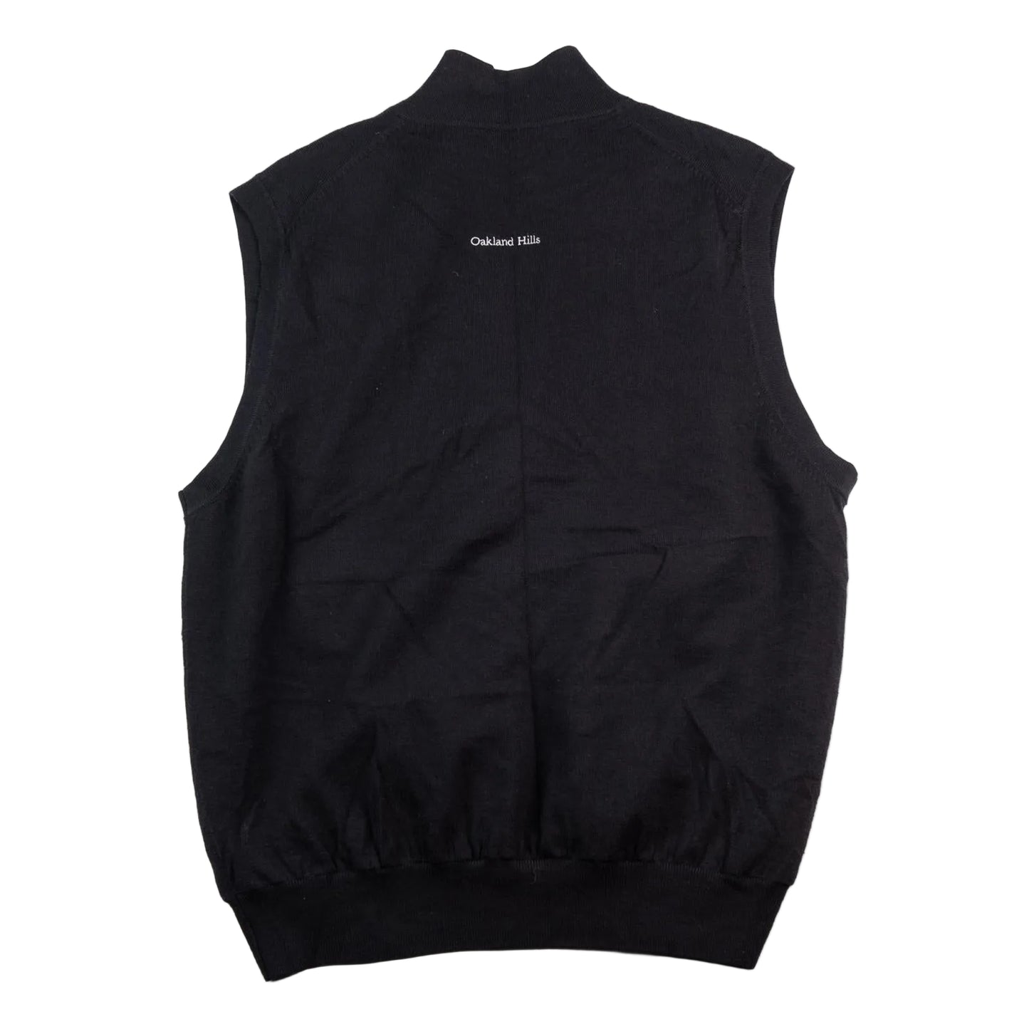 Black vest with 'Oakland Hills' branding on a white background