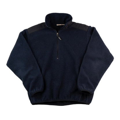 Navy blue pullover with a quarter zip on a white background