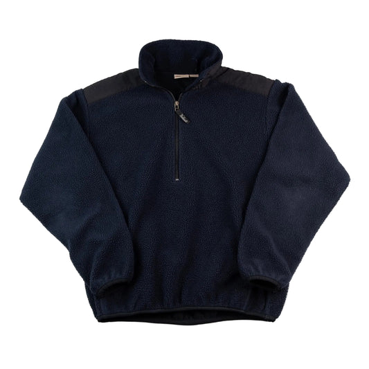 Navy blue pullover with a quarter zip on a white background