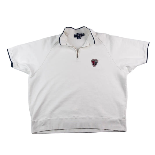 White short-sleeve shirt with a logo on a white background