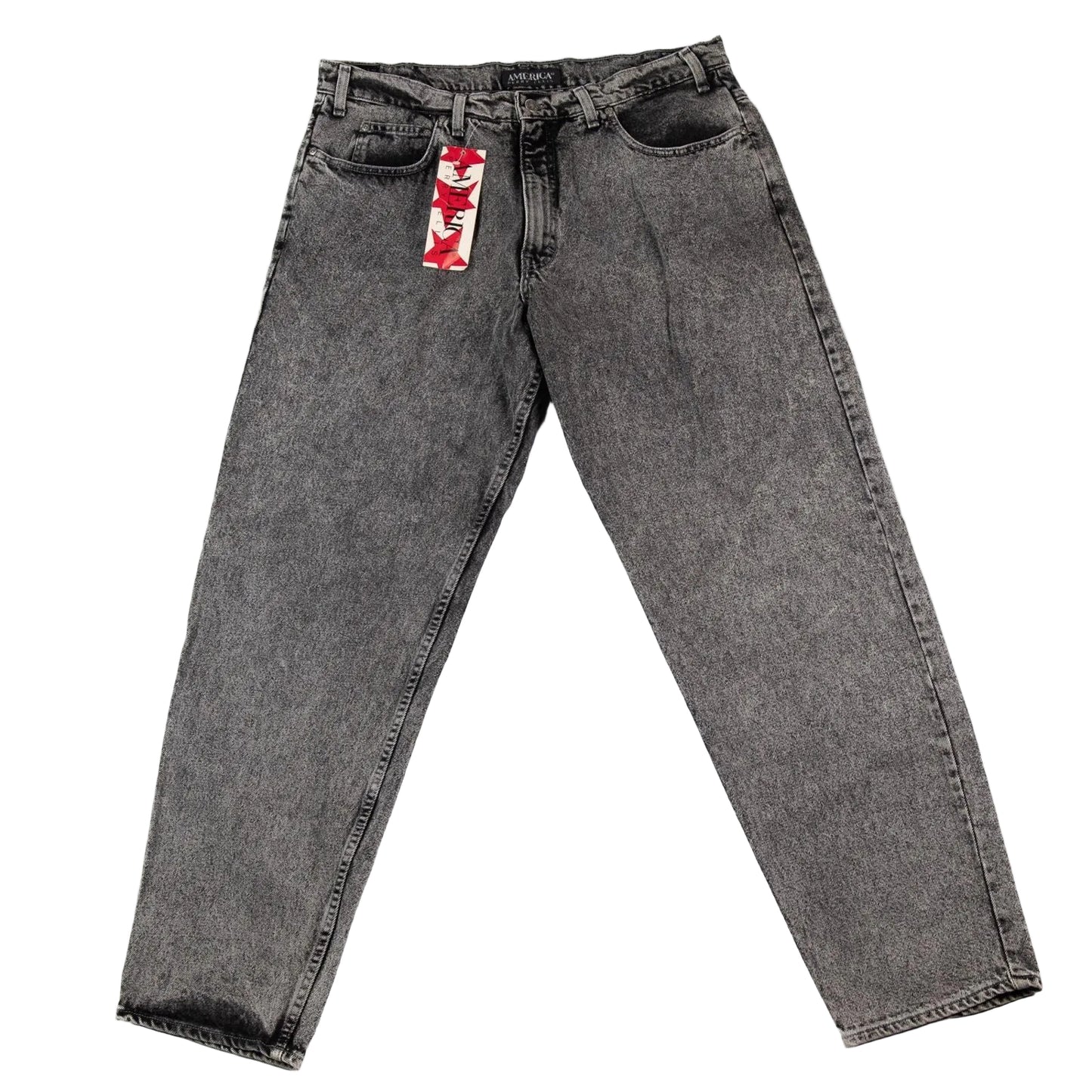 Gray jeans with a brand label on a white background