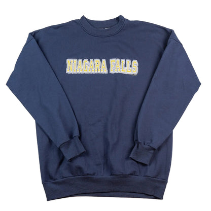 Navy blue sweatshirt with 'Niagara Falls' text on a white background