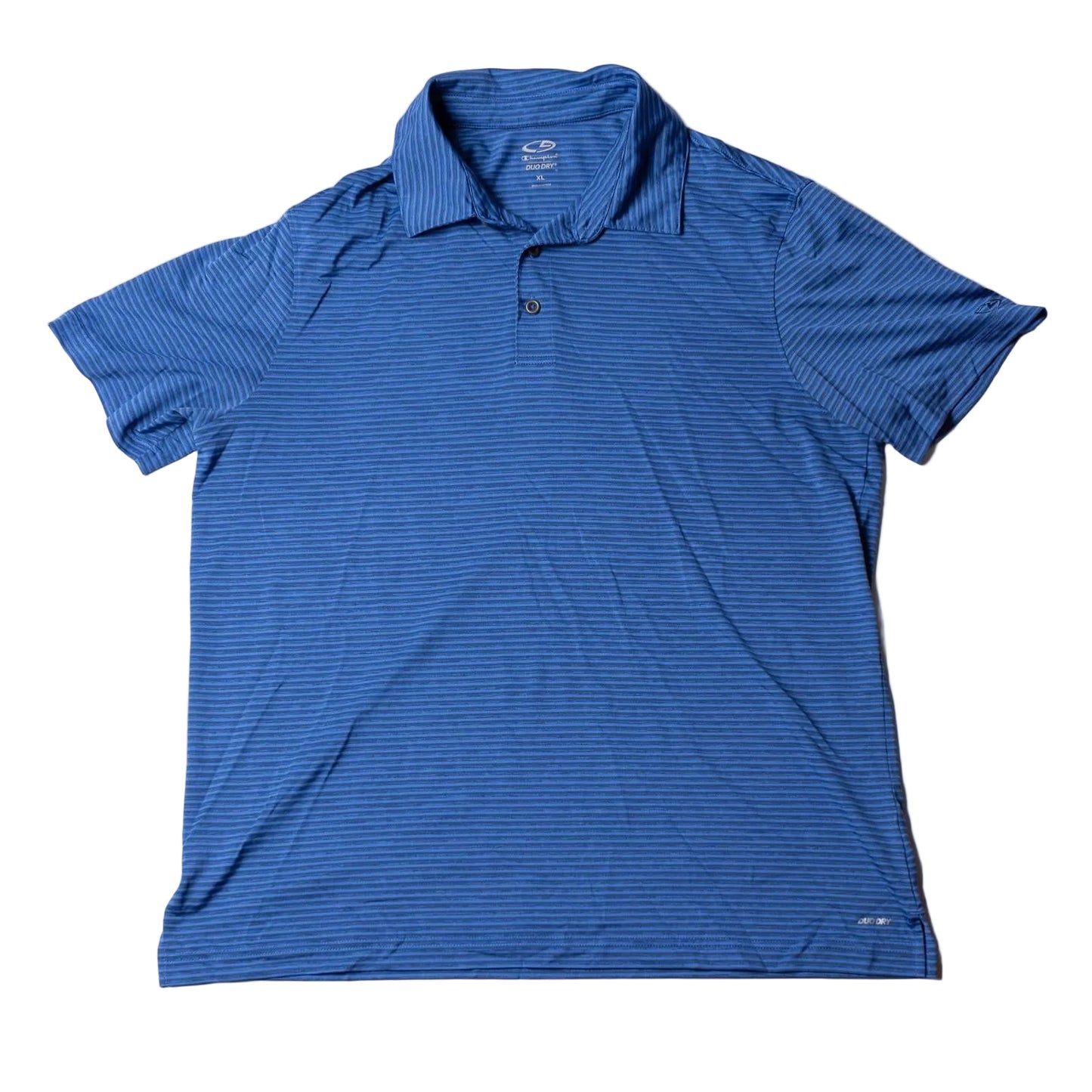 Blue striped polo shirt on a white background