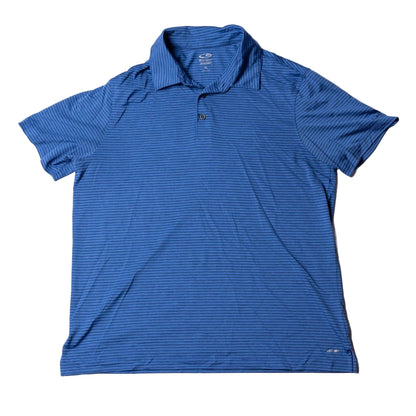 Blue striped polo shirt on a white background