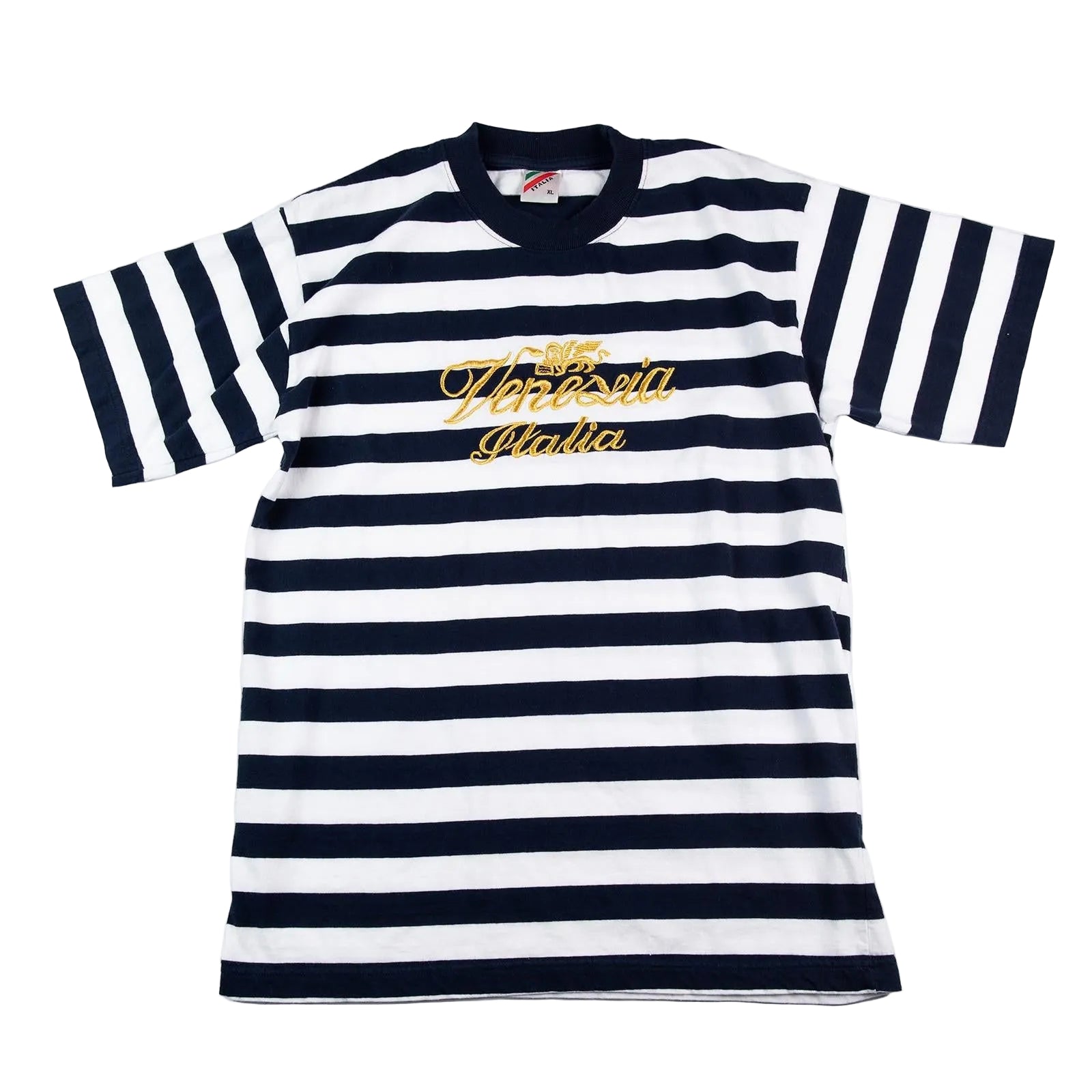 Navy and white striped shirt with 'Venice Italia' text on a white background