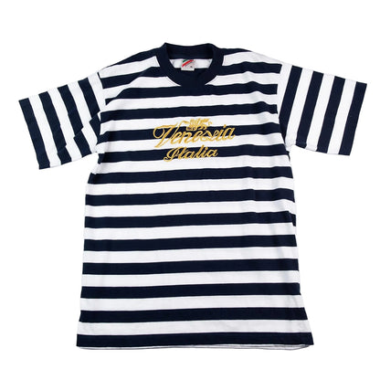 Navy and white striped shirt with 'Venice Italia' text on a white background
