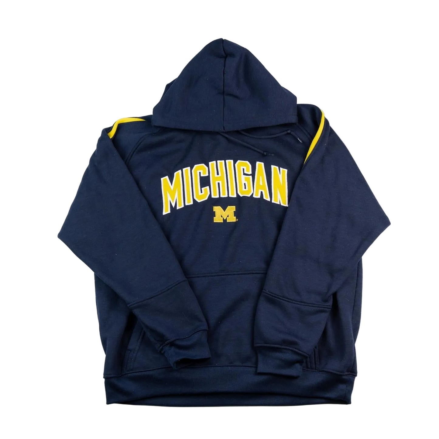 Navy blue hoodie with 'Michigan' printed on it against a white background