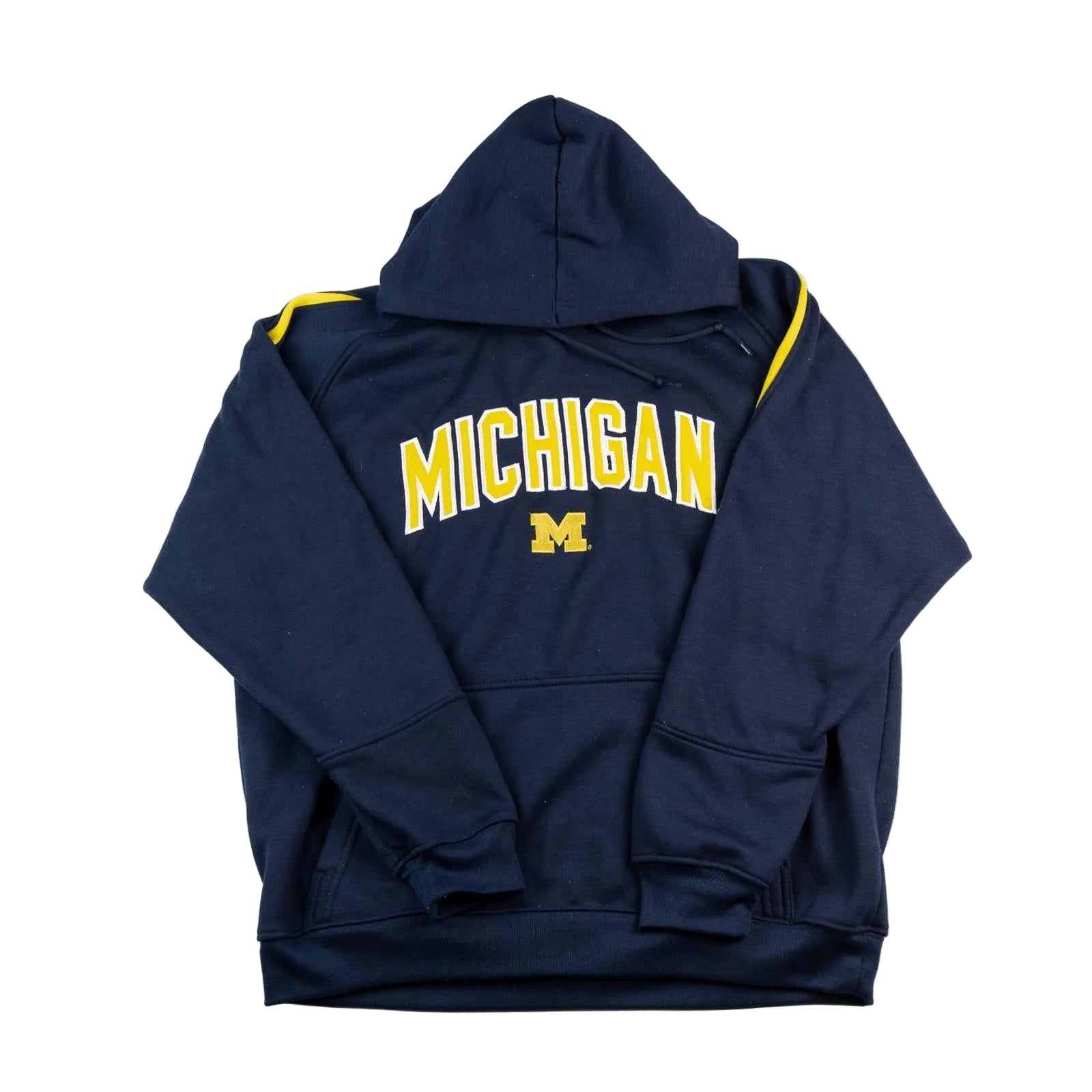 Navy blue hoodie with 'Michigan' printed on it against a white background