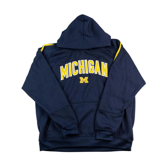 Navy blue hoodie with 'Michigan' printed on it against a white background