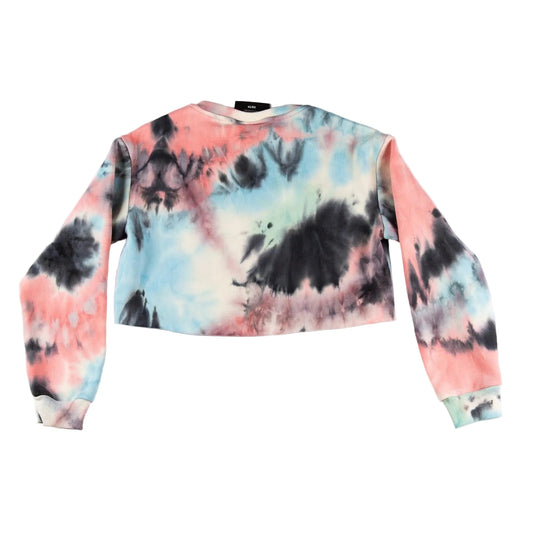 Tie-dye sweatshirt with pink, blue, and black colors on a white background