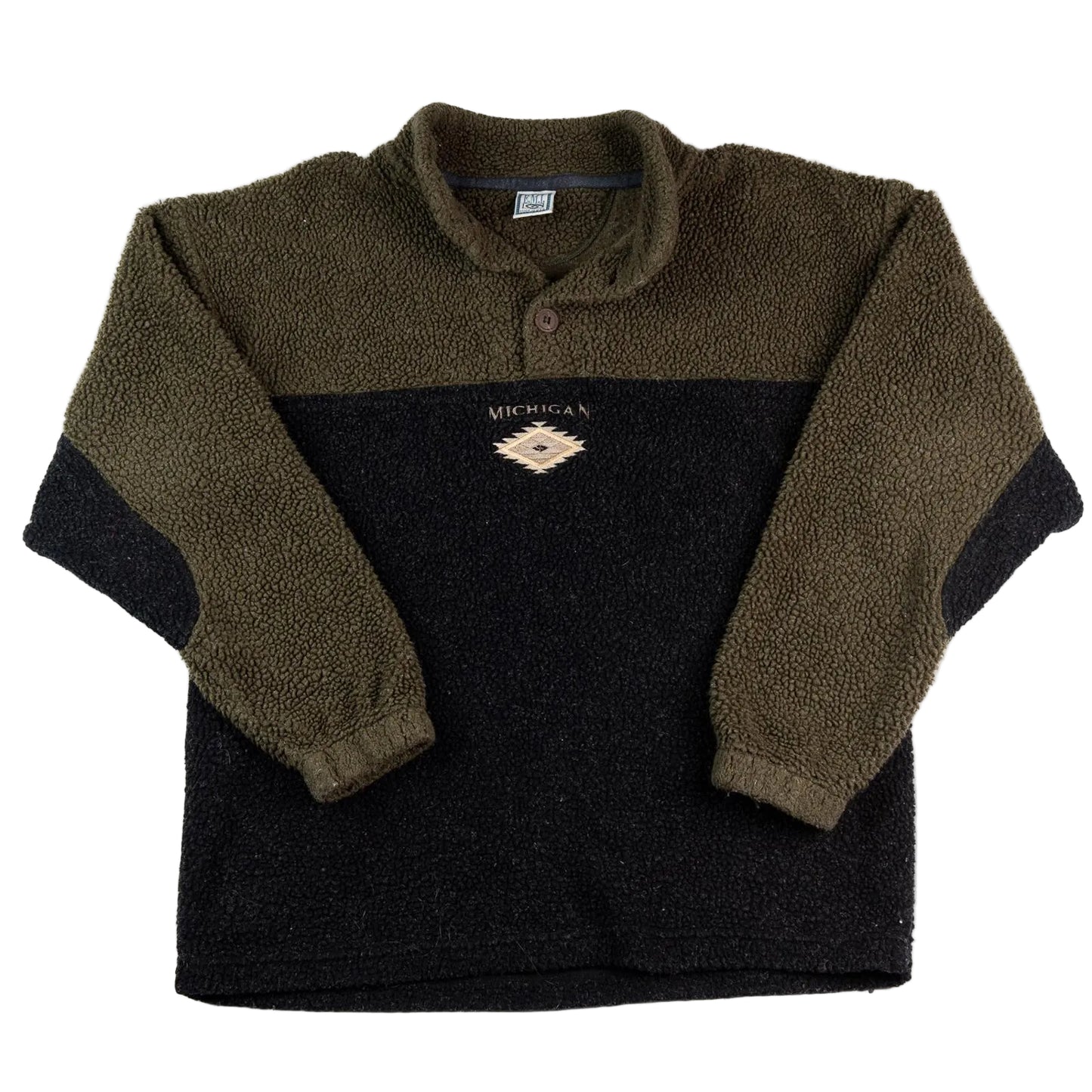 Two-tone fleece pullover with a logo on a white background