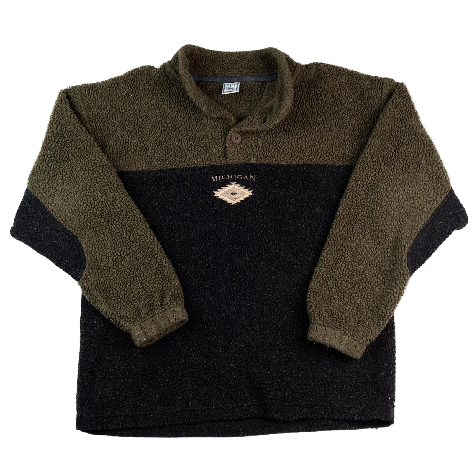 Two-tone fleece pullover with a logo on a white background