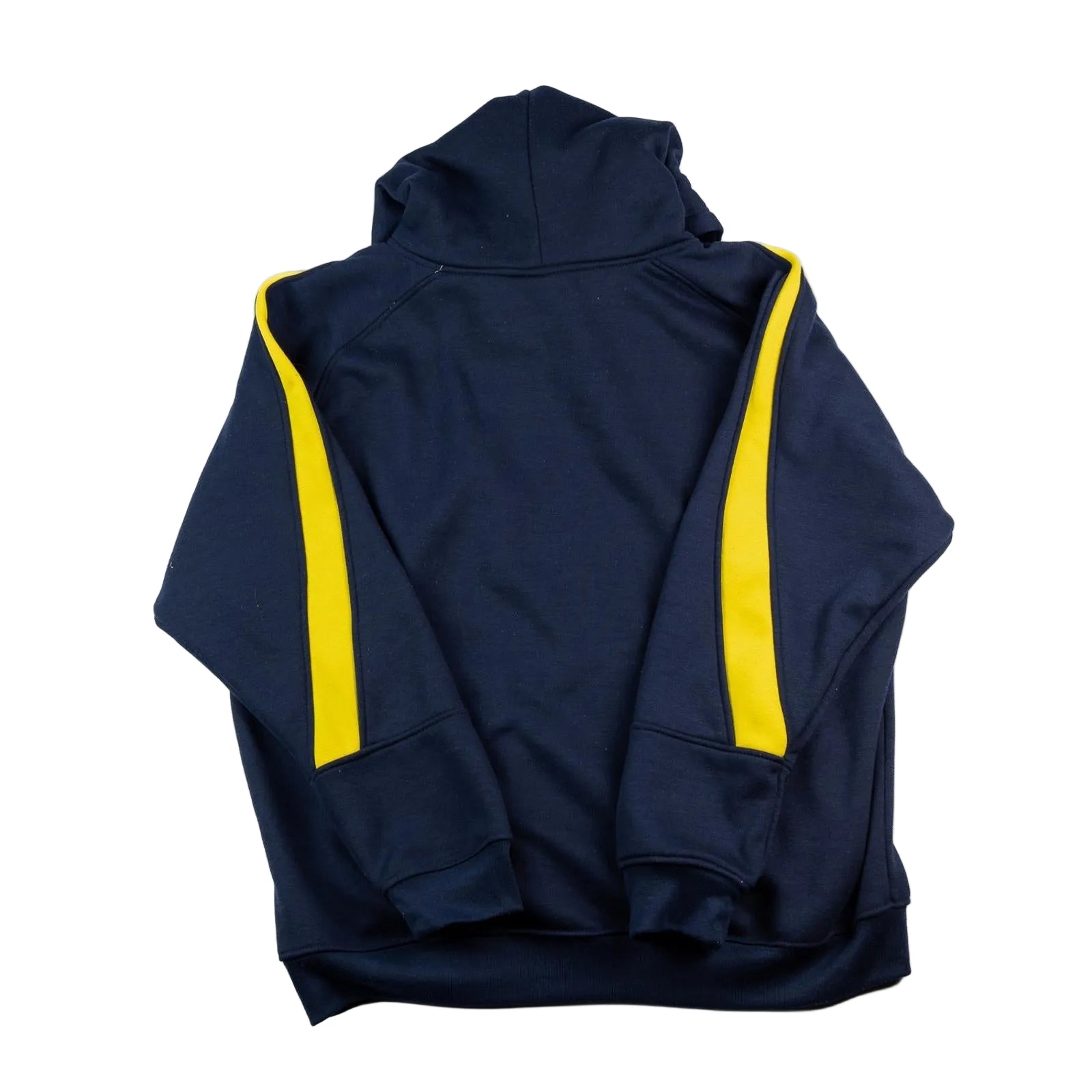 Navy blue hoodie with yellow accents on a white background