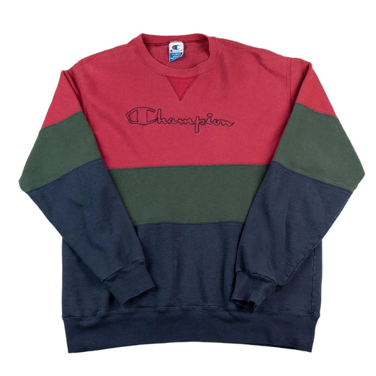 Color-blocked sweatshirt with Champion logo on a white background