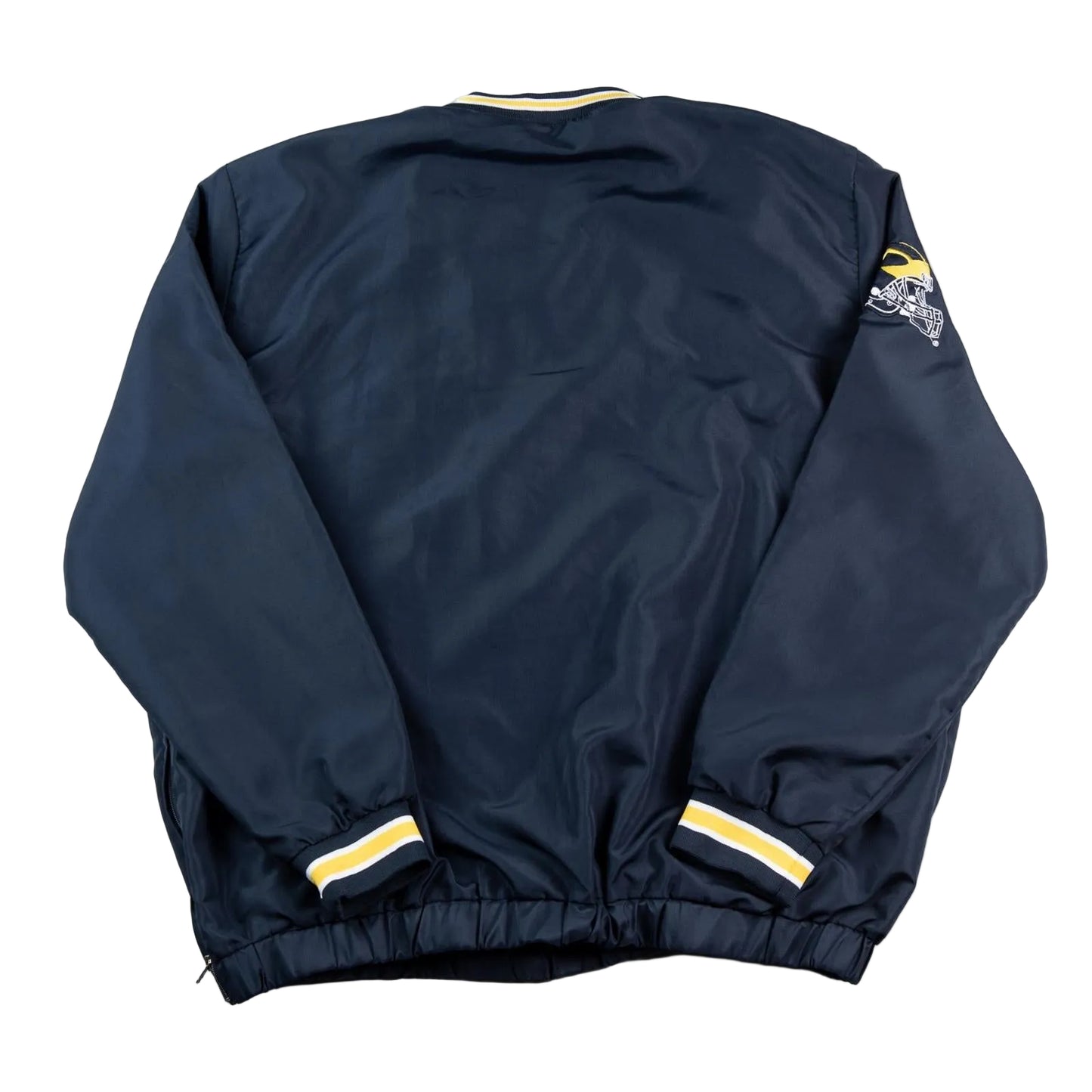 Navy blue jacket with yellow accents on a white background