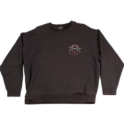 Brown sweatshirt with a logo on the chest against a white background