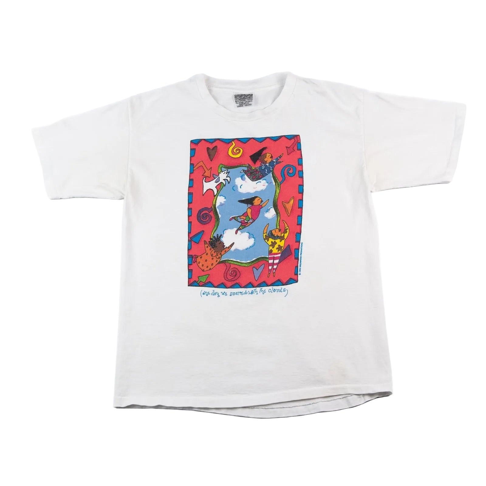 White t-shirt with colorful graphic design on a white background