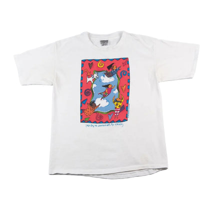 White t-shirt with colorful graphic design on a white background