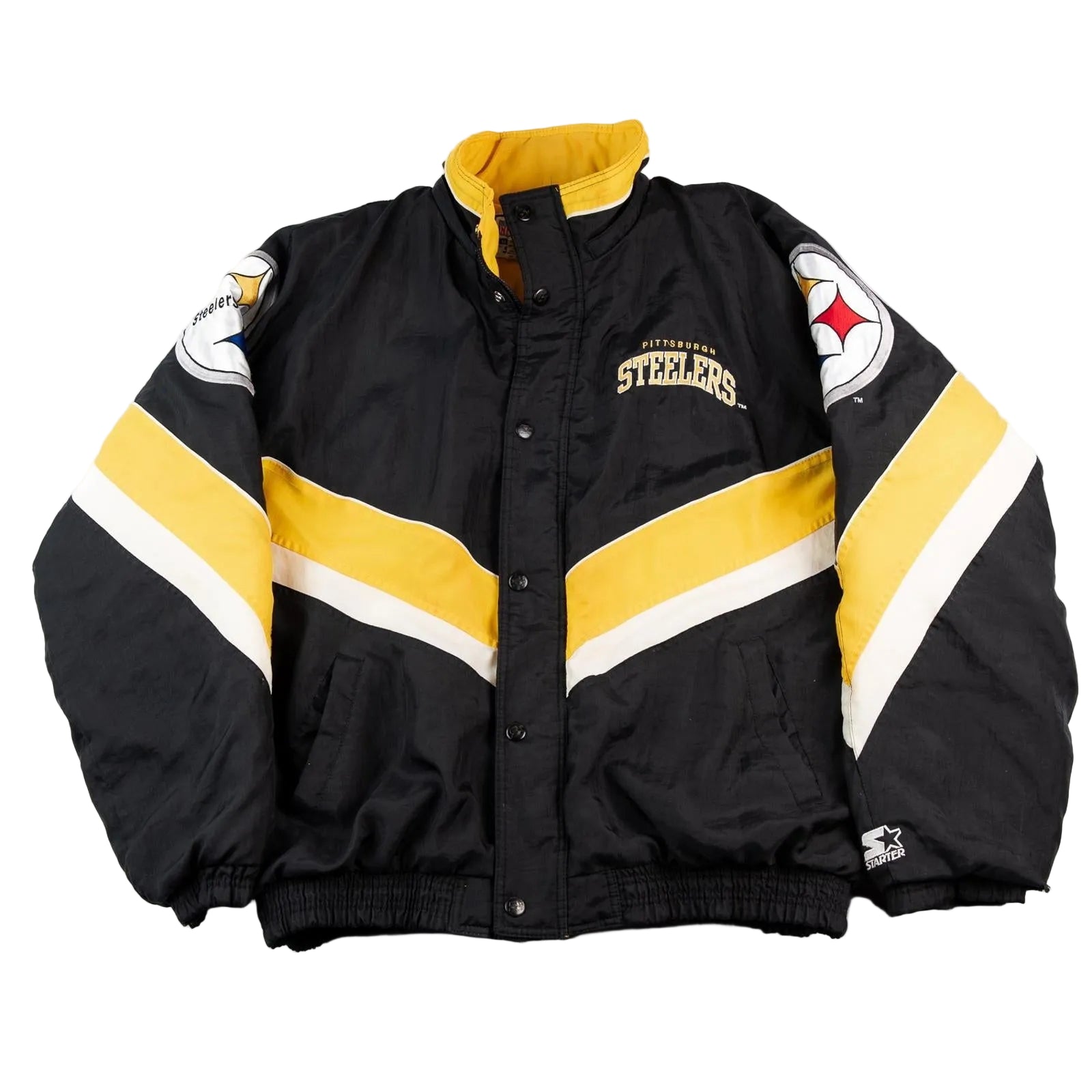 Black jacket with yellow and white stripes featuring the Pittsburgh Steelers logo on a white background