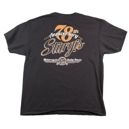 Black t-shirt with '78th Sturgis Motorcycle Rally & Races' graphic on a white background