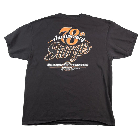 Black t-shirt with '78th Sturgis Motorcycle Rally & Races' graphic on a white background