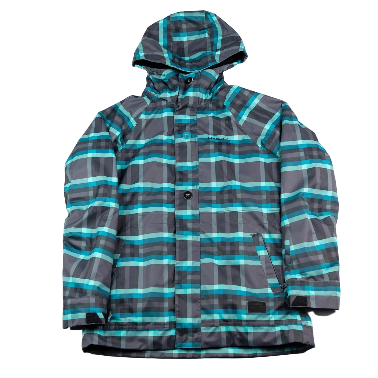 Plaid jacket with blue and gray stripes on a white background