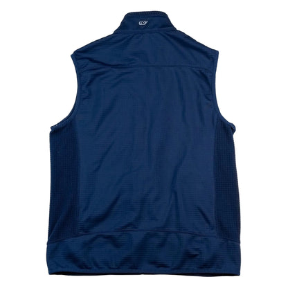 Navy blue sleeveless jacket on a white background