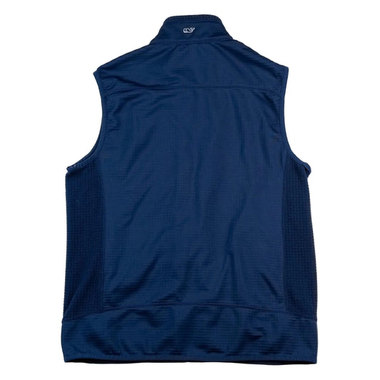 Navy blue sleeveless jacket on a white background