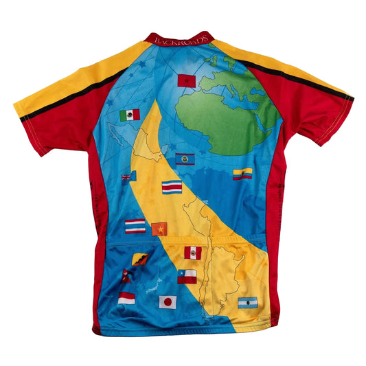 Shirt with world map and various flags design on a white background
