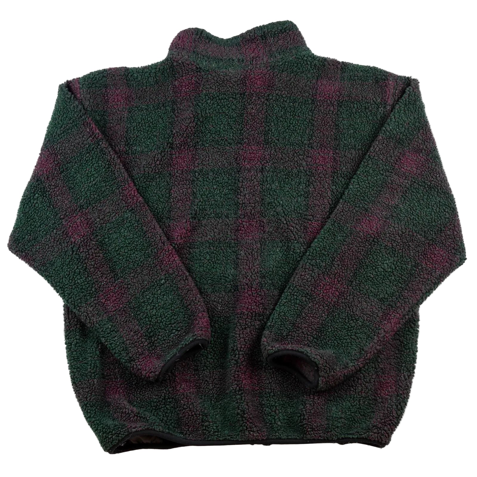 Folded green and purple plaid blanket on a white background