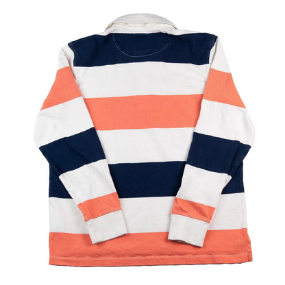 Striped long-sleeve shirt with navy, orange, and white colors on a white background
