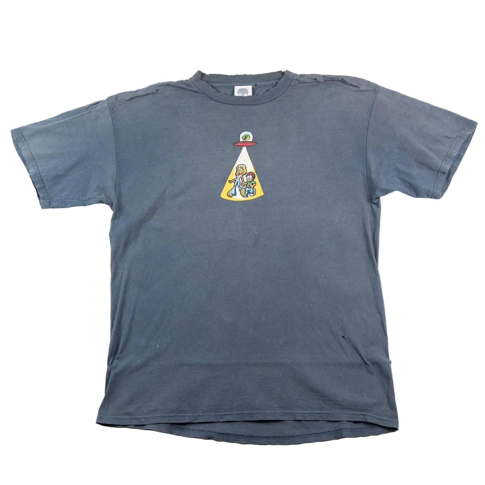 Blue t-shirt with a graphic design on a white background