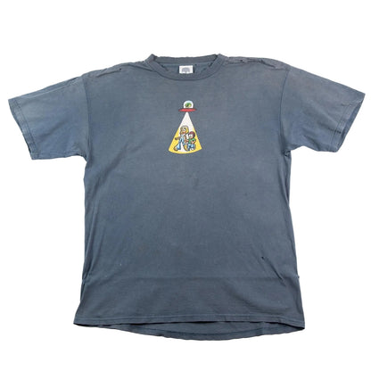 Blue t-shirt with a graphic design on a white background