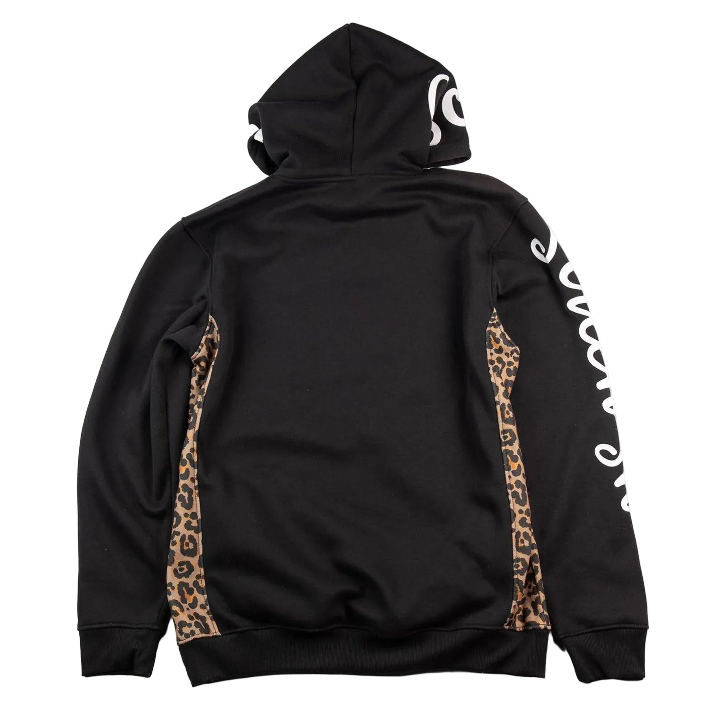 Black hoodie with leopard print sleeves on a white background
