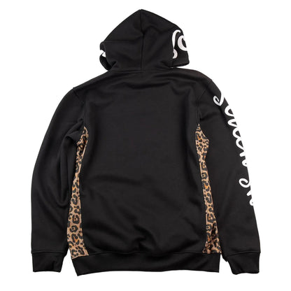 Black hoodie with leopard print sleeves on a white background