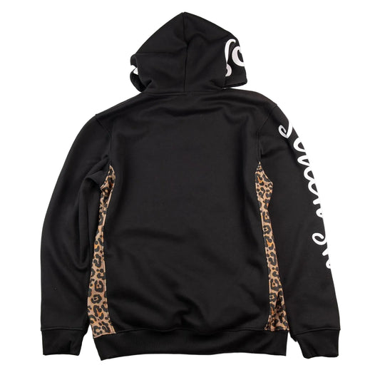 Black hoodie with leopard print sleeves on a white background