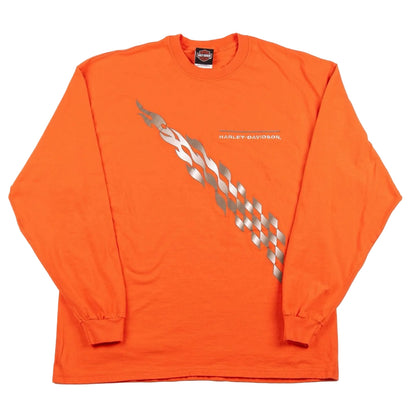 Orange long-sleeve shirt with a graphic design on a white background