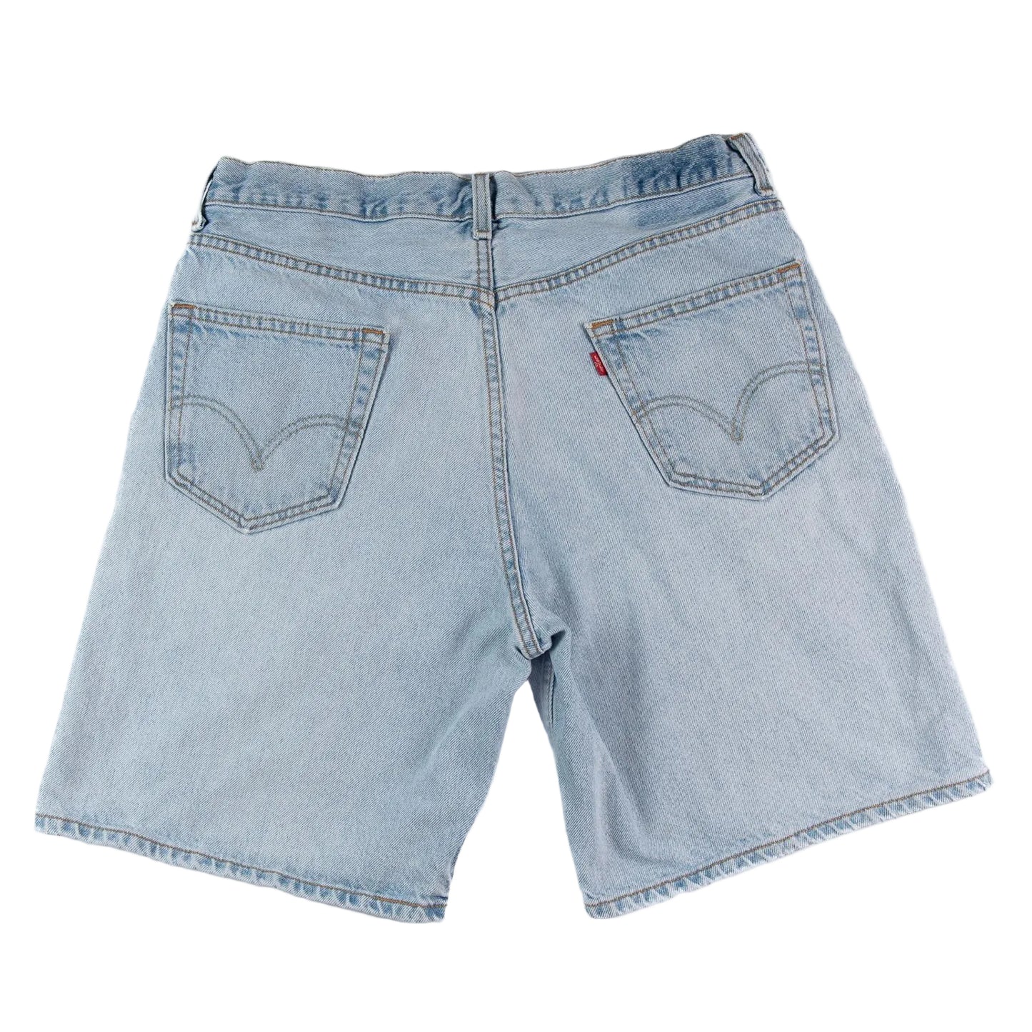 Light blue denim shorts on a white background