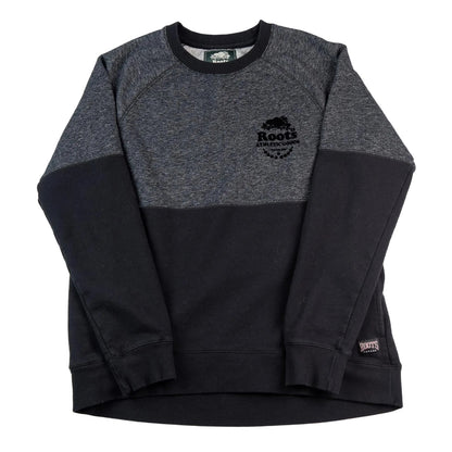 Two-tone black and gray sweatshirt with a brand logo on a white background