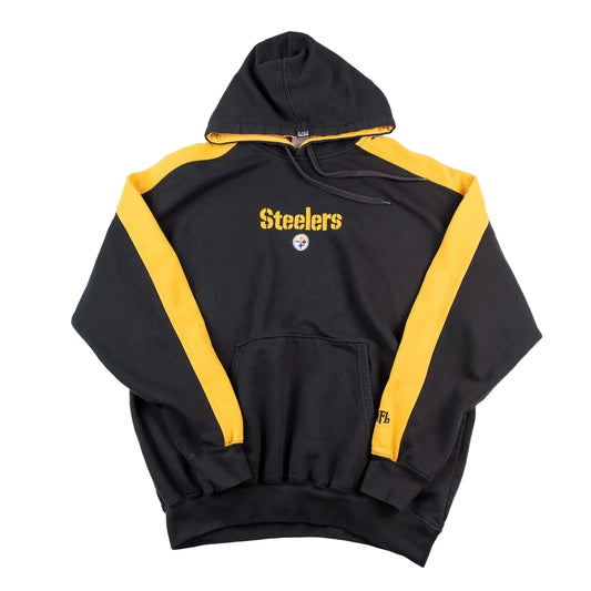 Black hoodie with yellow accents and Steelers logo on a white background