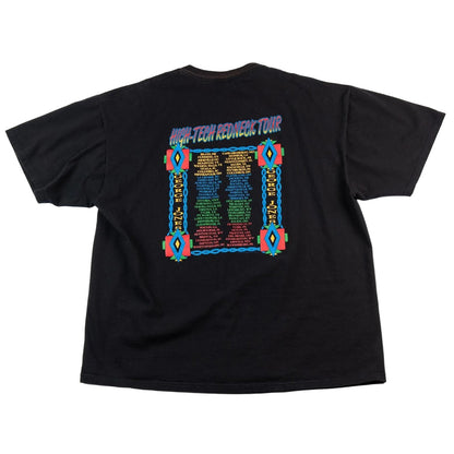 Black t-shirt with colorful graphic design on the back against a white background