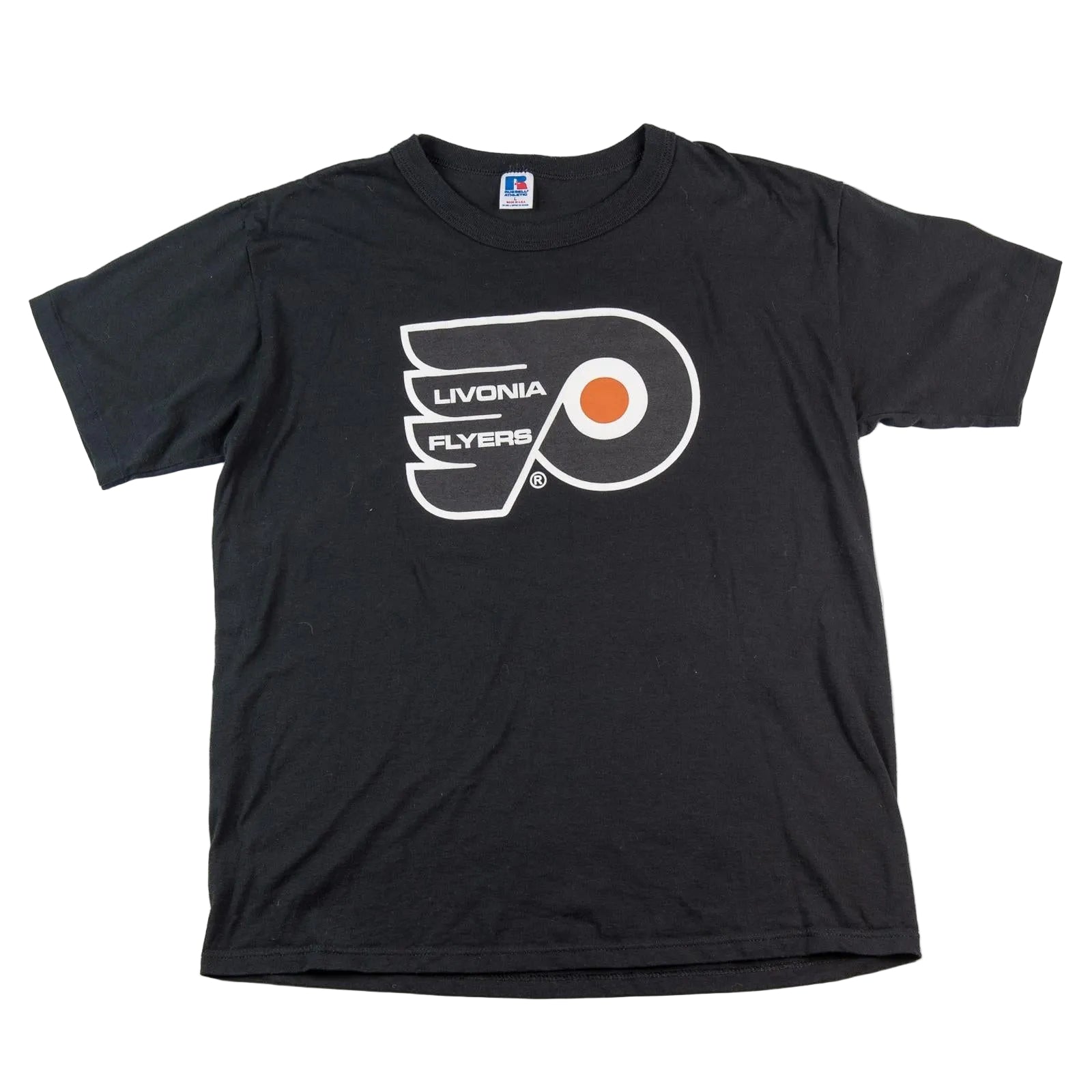 Black t-shirt with a sports team logo on a white background