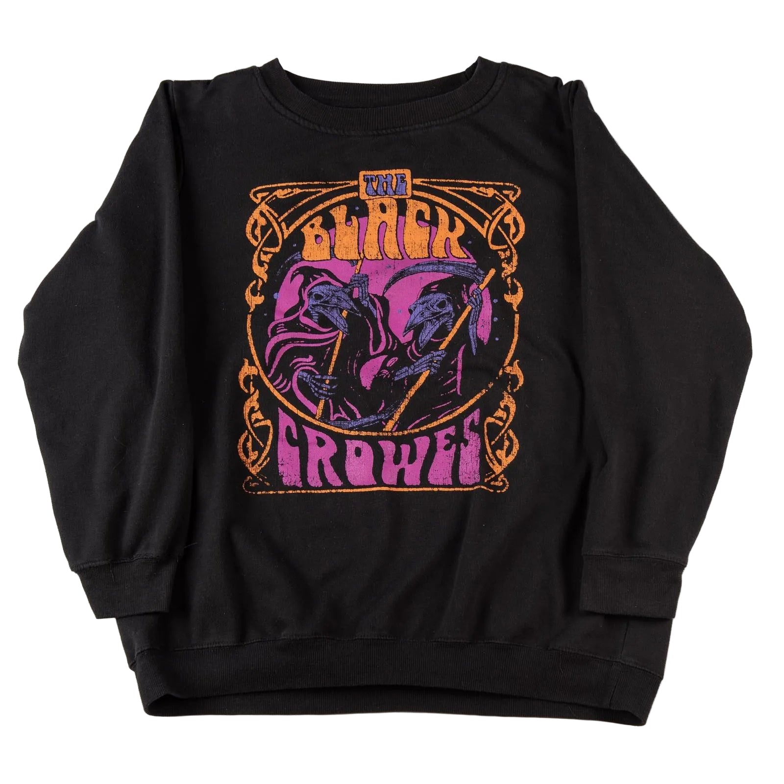 Black sweatshirt with 'The Black Crowes' graphic design on a white background