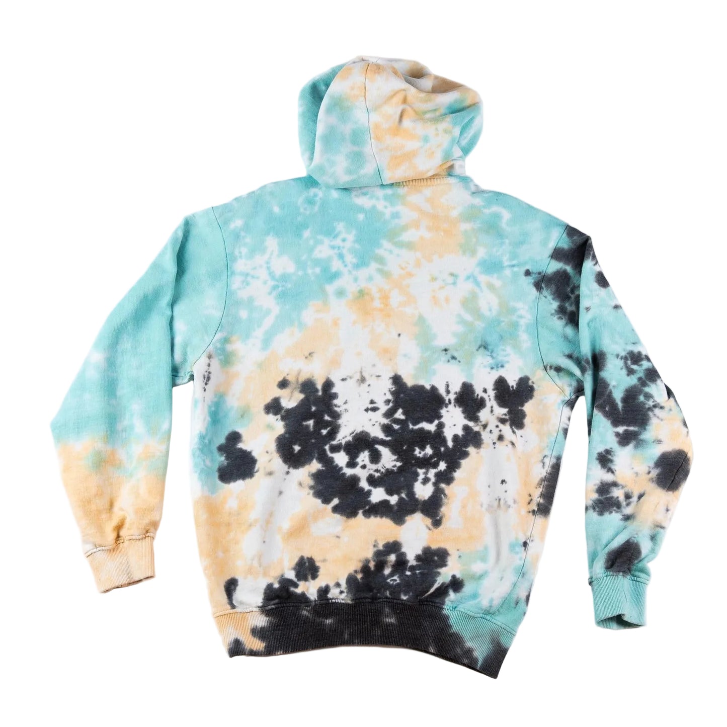 Tie-dye hoodie with a colorful pattern on a white background