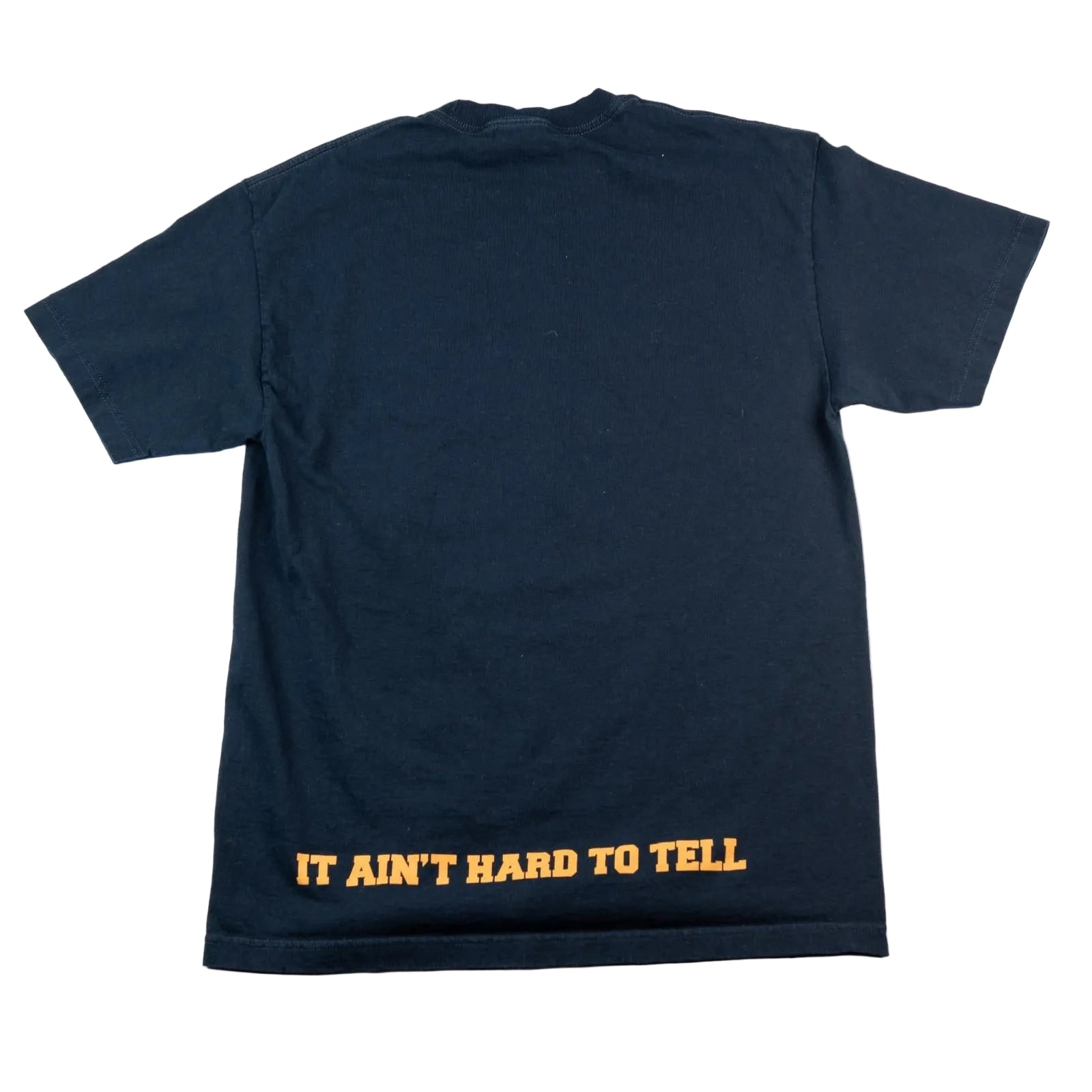 Black t-shirt with yellow text 'IT AIN'T HARD TO TELL' on a white background