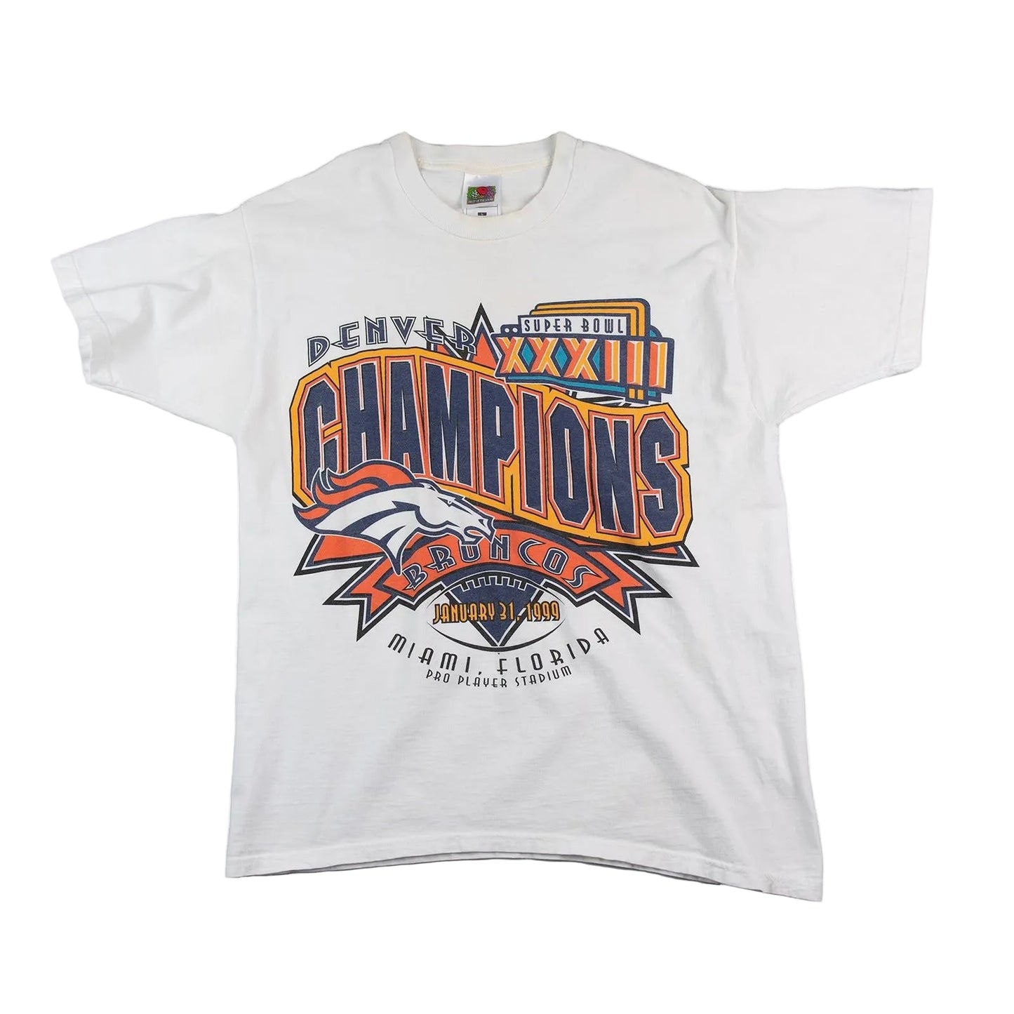 White t-shirt with 'Champions' graphic design on a white background