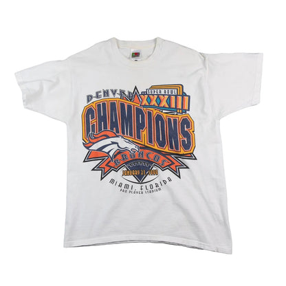 White t-shirt with 'Champions' graphic design on a white background
