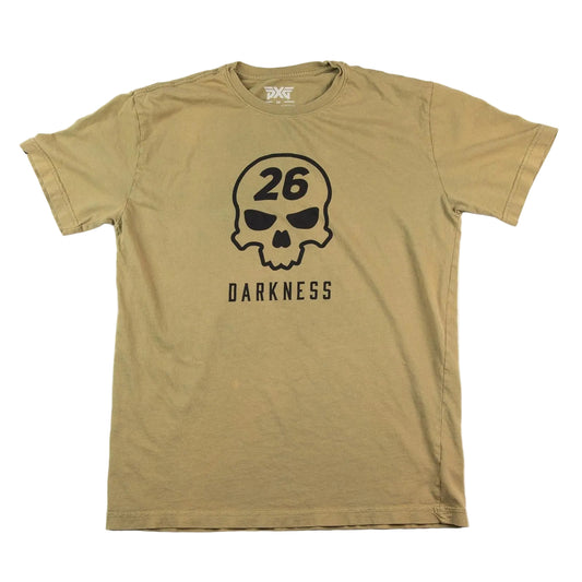 Khaki t-shirt with a skull and number 26 design on a white background