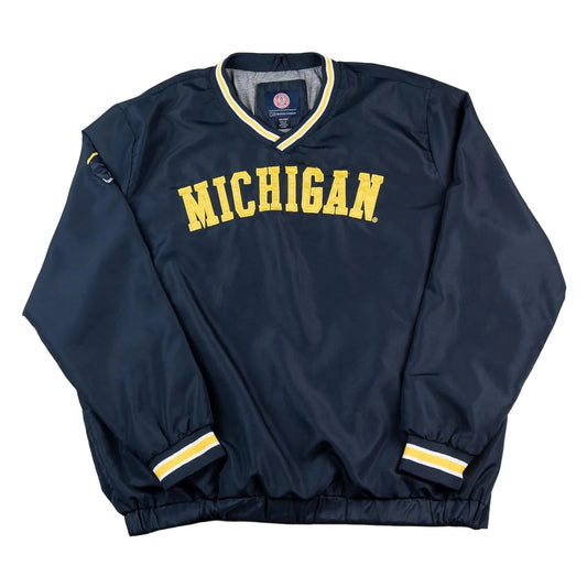 Navy blue jacket with 'MICHIGAN' text on a white background
